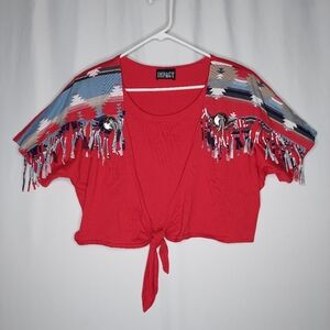 Impact Fringe Tie Front Crop Top‎ Women Large 90s Southwestern Print Red Cowgirl